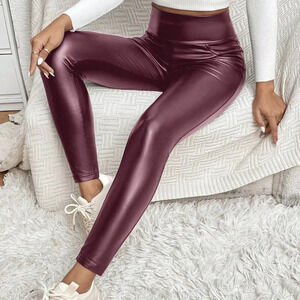 Burgundy Casual Women's High Waist Elastic Slim Fit Long Leggings